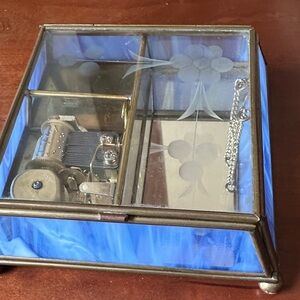 Stained glass blue and while Music Box with etched Floral Design